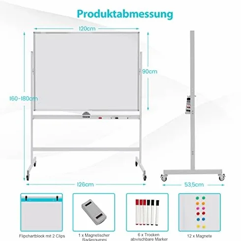 FANTASK Pizarra blanca móvil de doble cara, 120 x 90 cm, altura ajustable, magnética, con ruedas y soporte