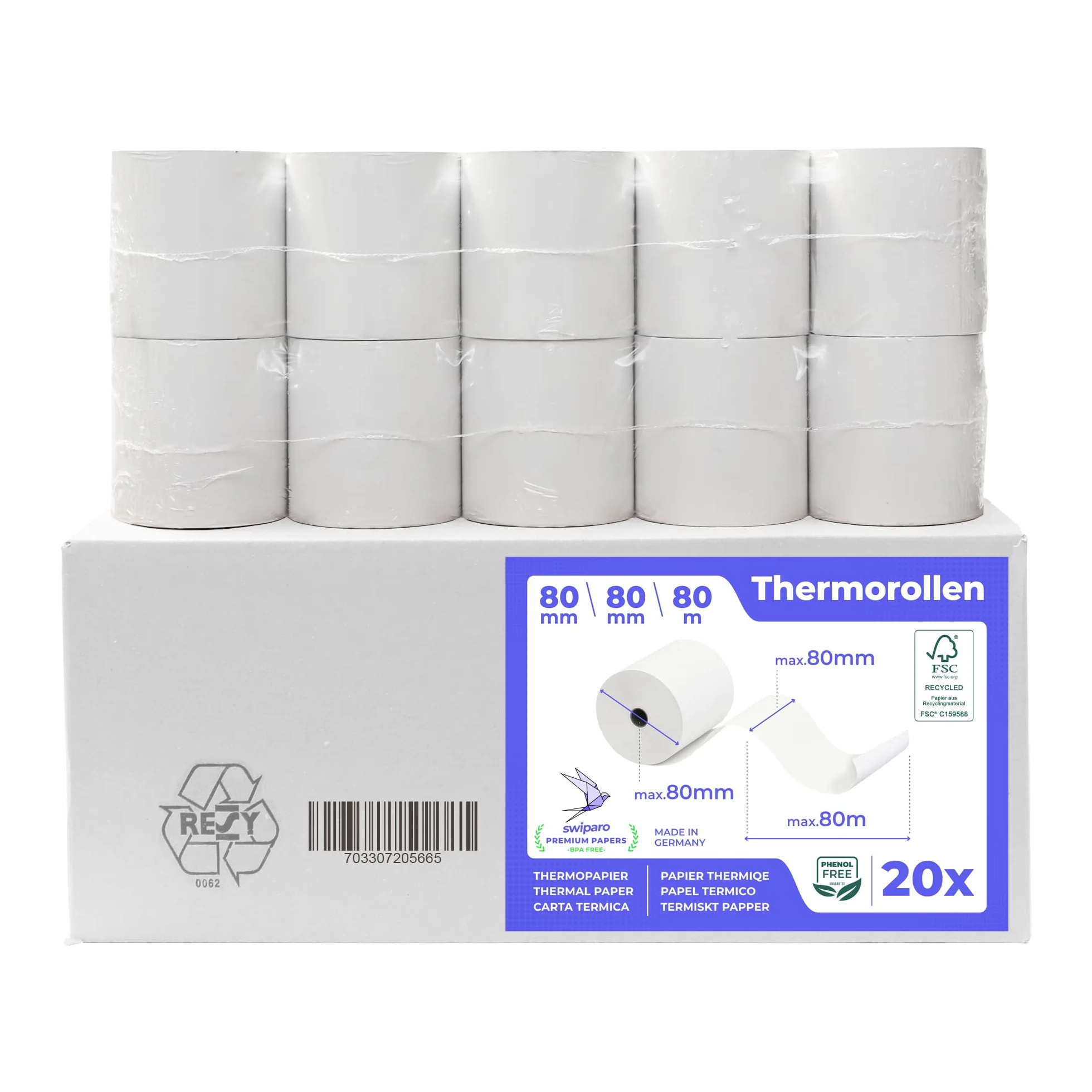 Rollos Papel Termico 80x80 para Impresora de Tickets - Para caja registradora con impresora de recibos - Papel impresora Termica 80x80x12 - Rollo Papel térmico 80mm x 80mm x 80m - [20x]