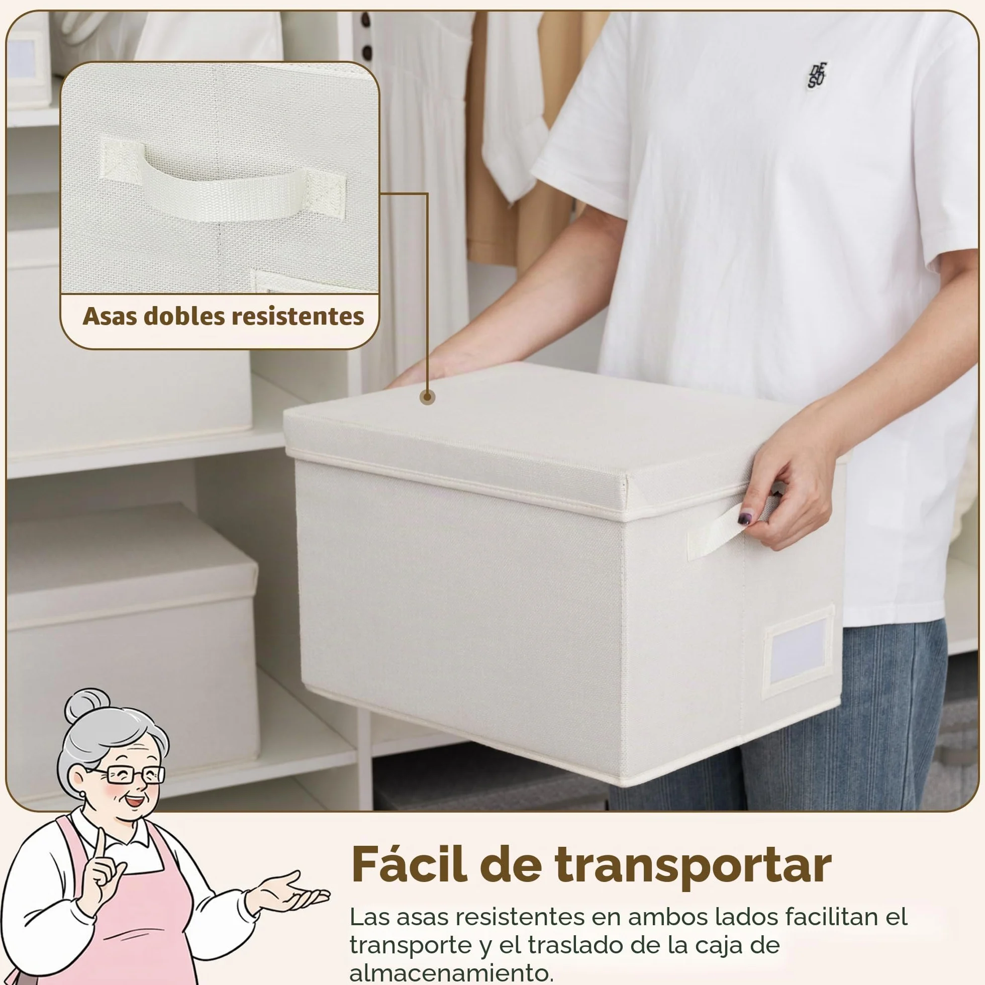 GRANNY SAYS Contenedores de tela con tapas, organizador de estantes para armario, color blanco perla, paquete de 3