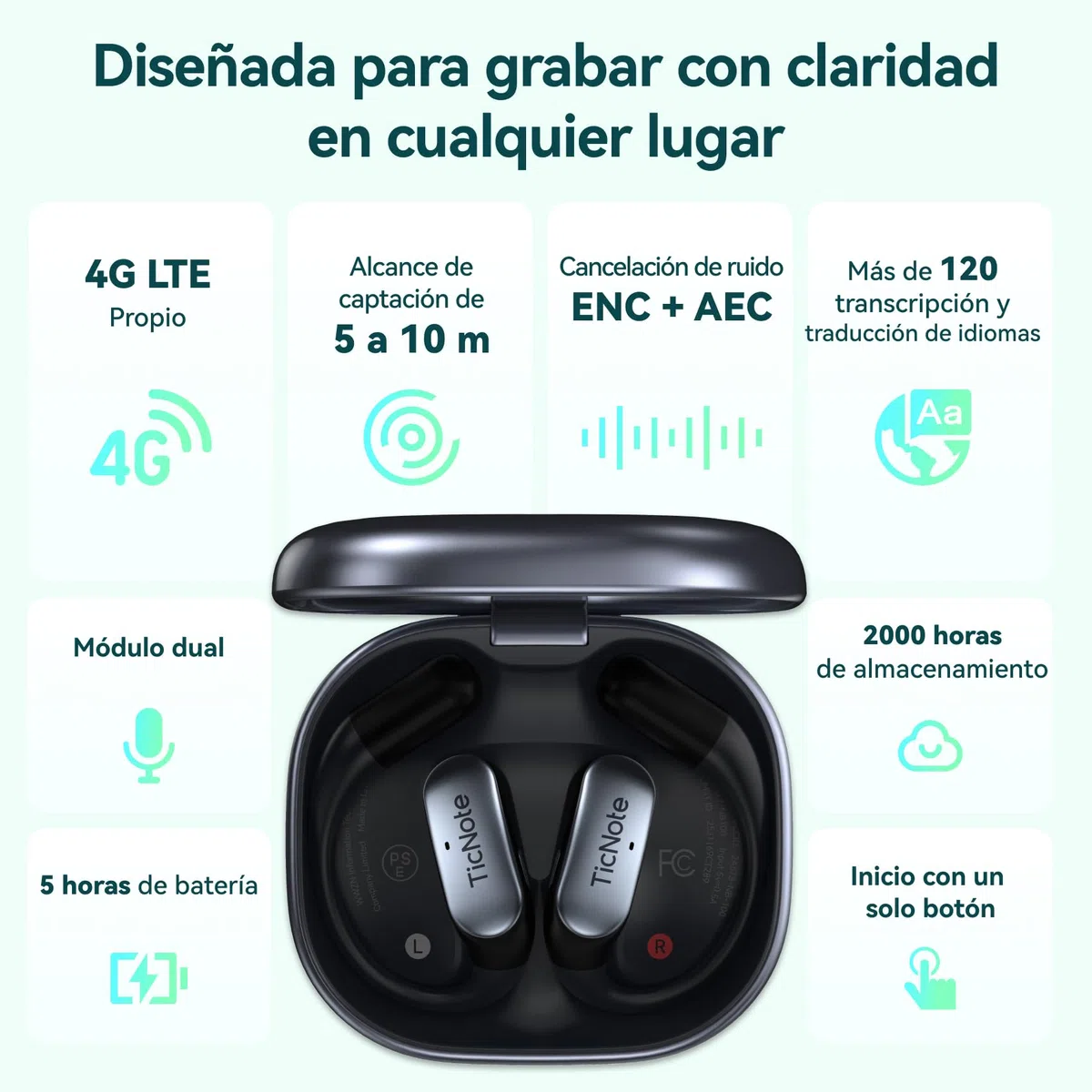 TicNote Pods Grabadora de Voz portátil, 4G Integrado, sin Necesidad de teléfono: Dispositivo de grabación Activado por Voz con transcripción automática y Notas de reuniones