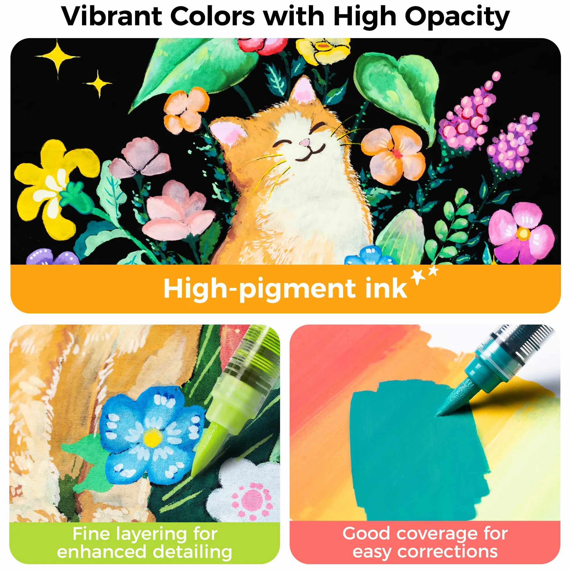 Ohuhu Rotuladores Acrílicos Punta Pincel: 120 colores, control automático de tinta, alta opacidad, impermeables y resistentes a la luz para piedras, huevos de Pascua, madera, manualidades DIY - Kahuku