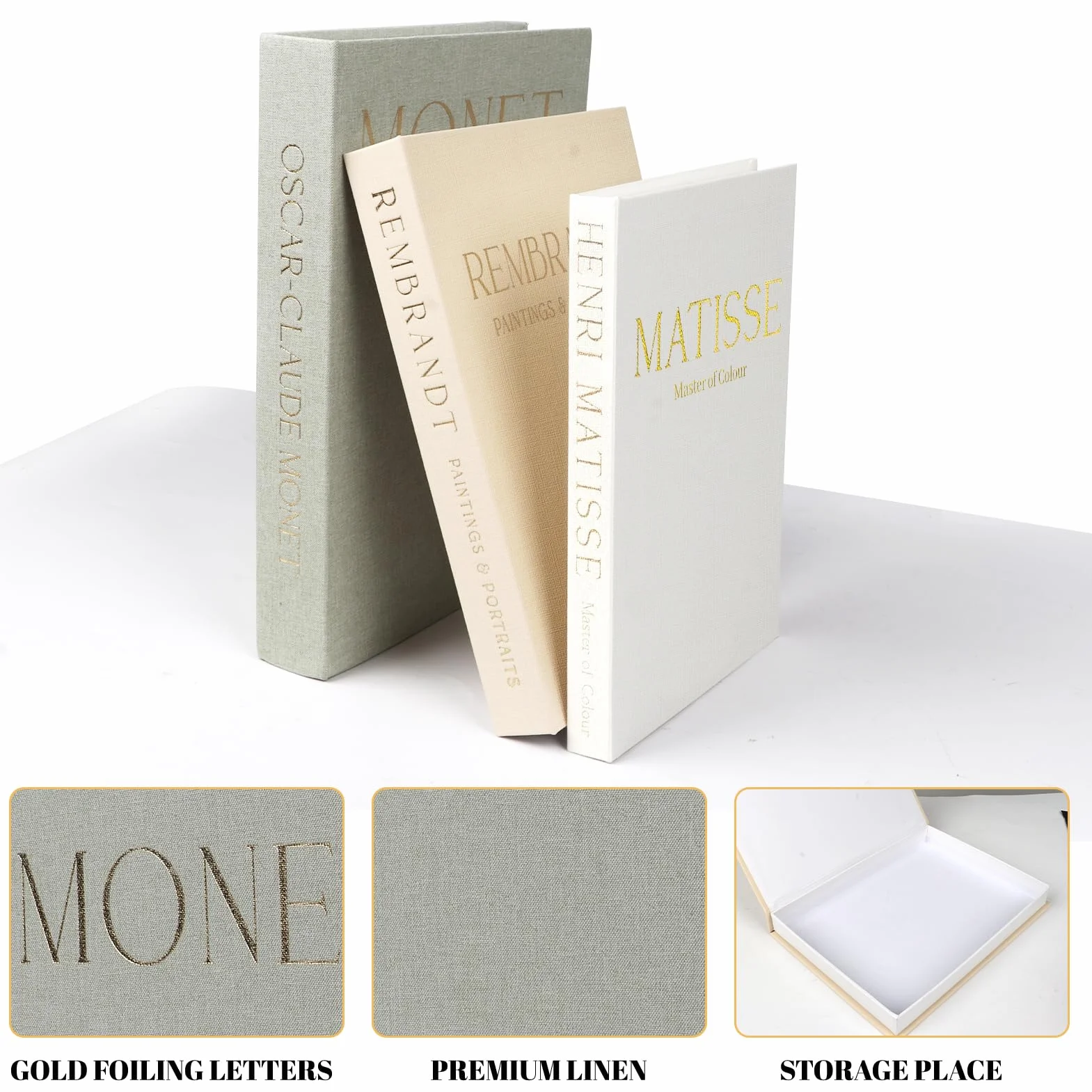 Conjunto de 3 Libros Decorativos Falsos, Caja de Almacenamiento de Lino para Estantería y Decoración del Hogar