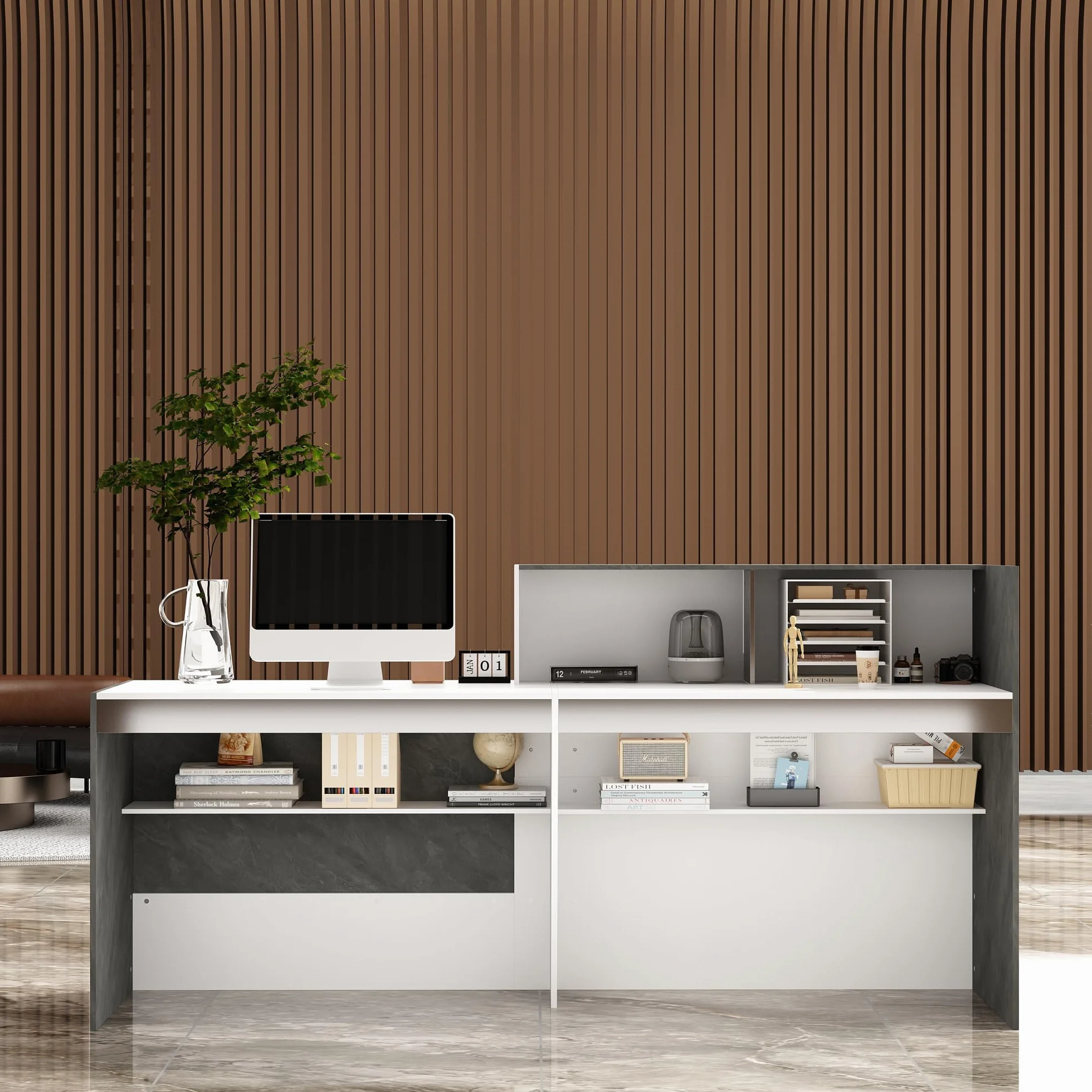 Mostrador de recepción, mostrador de recepción con 6 estantes, mostrador de recepción, mostrador de tienda, mostrador de venta con cajón de teclado, mueble de recepción, MDF, 220 x 60 x 110