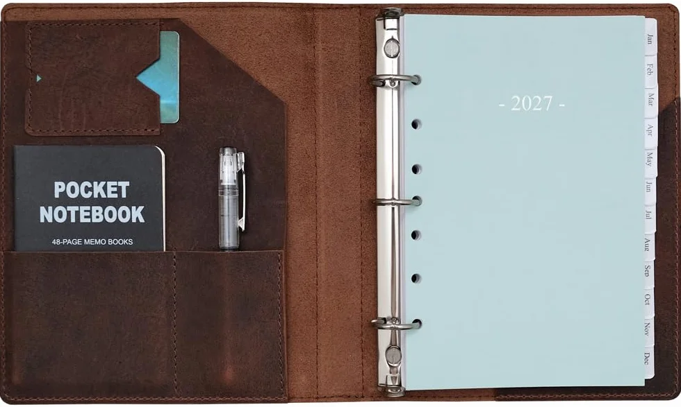Fan&Ran Planificador de cuero 2025 de 5.5 x 8.5 pulgadas con carpeta de cuero de 3 anillas, páginas semanales y mensuales del año completo 2025, bolsillos interiores, recargable