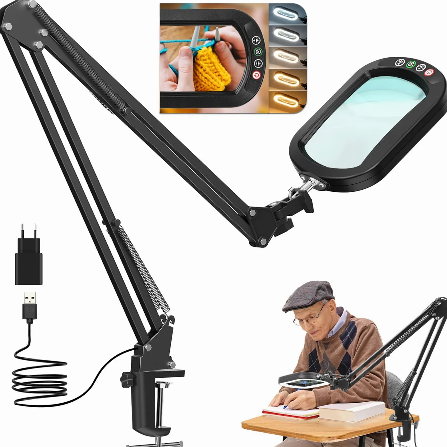 Lupa de 10 unidades con luz y pinza, lupa de cristal real LED con luz y soporte, 5 modos de color regulable para personas mayores, lupa de brazo giratorio manos libres para manualidades, aficiones