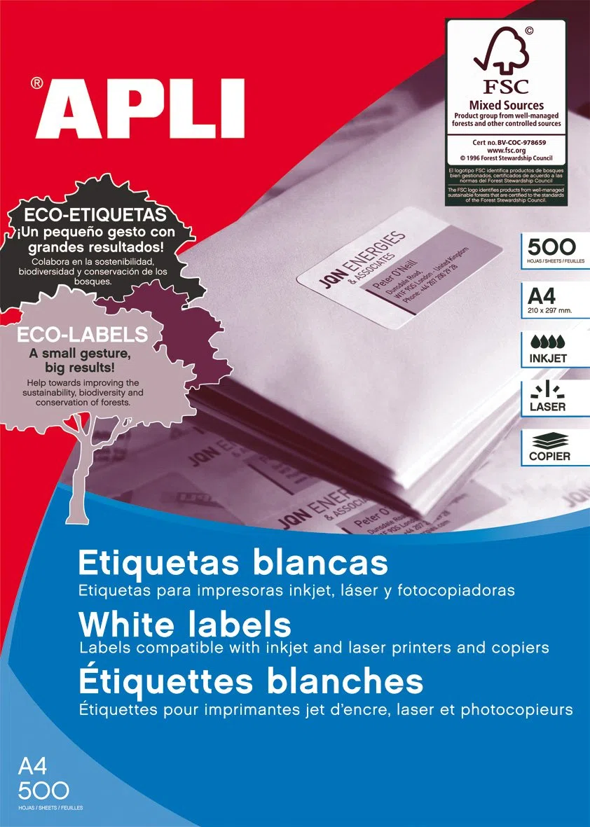CAJA DE ETIQUETAS AUTOADHESIVAS APLI - A4 - 105X57 MM - 500 HOJAS