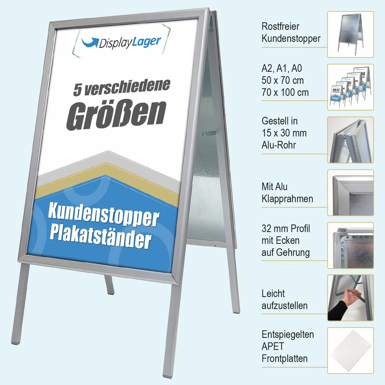 DisplayLager, Calidad danesa | Tope para clientes de aluminio | 2 carteles (ambos lados) | Soporte para carteles resistente a la intemperie para aceras (plata, A0)