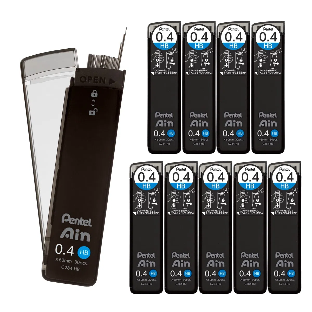 Pentel Ain Lead Refill • 0,4 mm • HB • Caja de 10