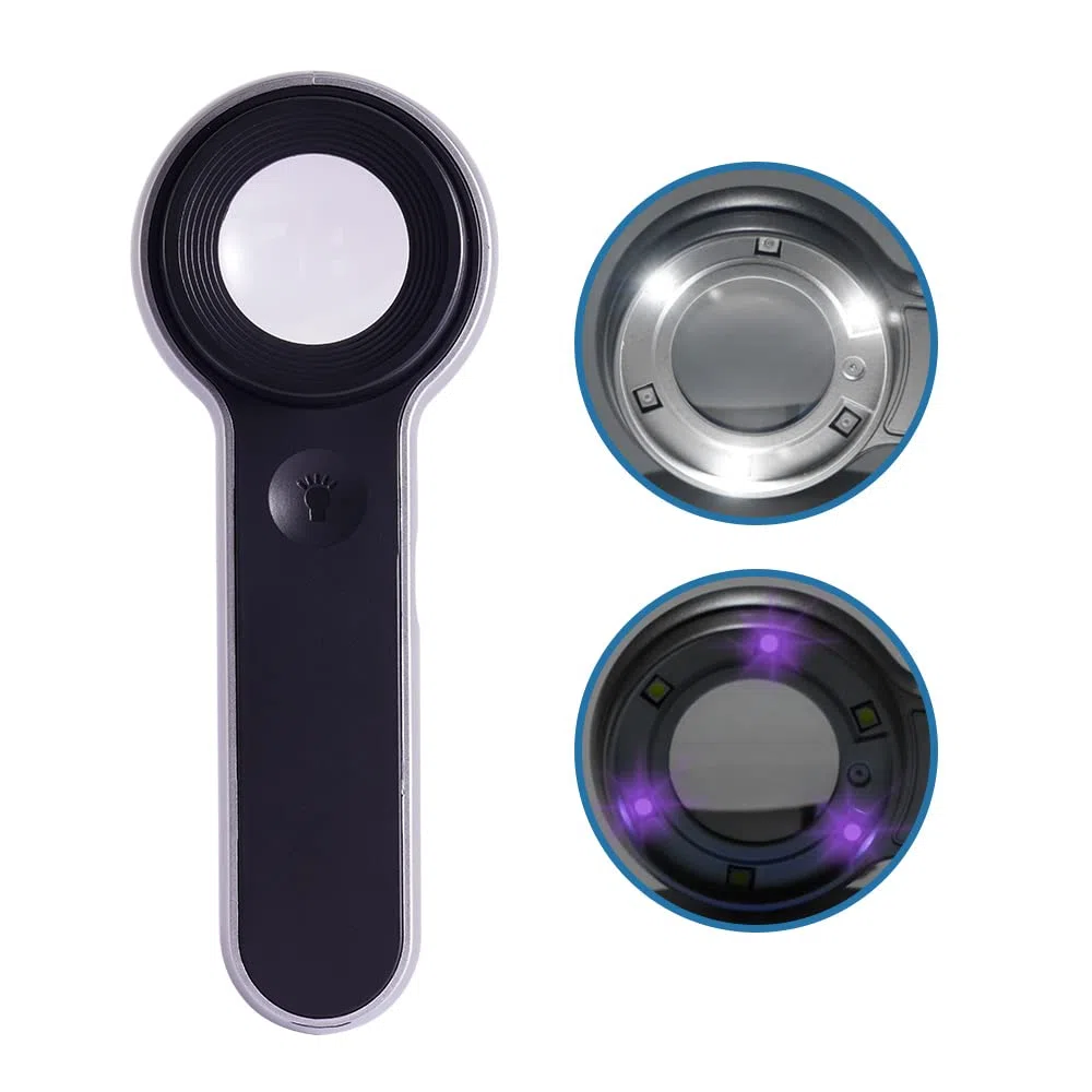 Lupa recargable iluminada de 60x con lentes de doble revestimiento, iluminación LED/UV, diseñada para la restauración de la identificación de joyas, trabajo cercano, reparación, jardinería, sellos,