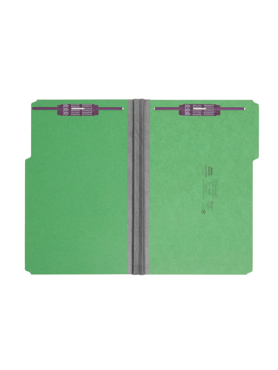 Smead Carpeta de archivos de cierre de cartón prensado con cierres SafeSHIELD, 2 cierres, pestaña de corte de 1/3, expansión de 2 pulgadas, tamaño legal, verde, 25 por caja (19938)