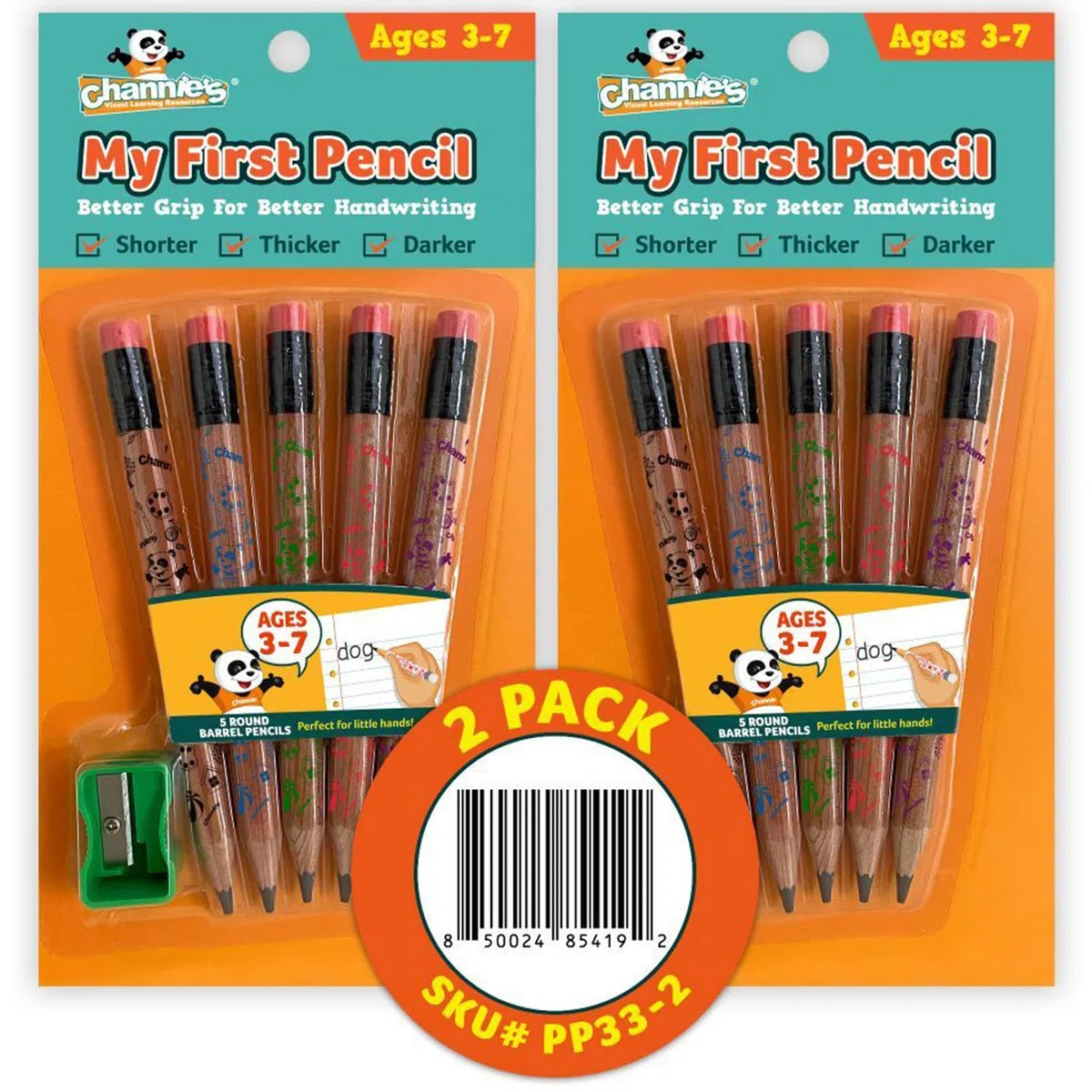Channie's Childrens My First Pencil, Kids Graphite Jumbo Barrel Pre-harpened 2B Lápices para niños de 3 a 7 años, panda de madera, paquete de 2 (10 lápices)