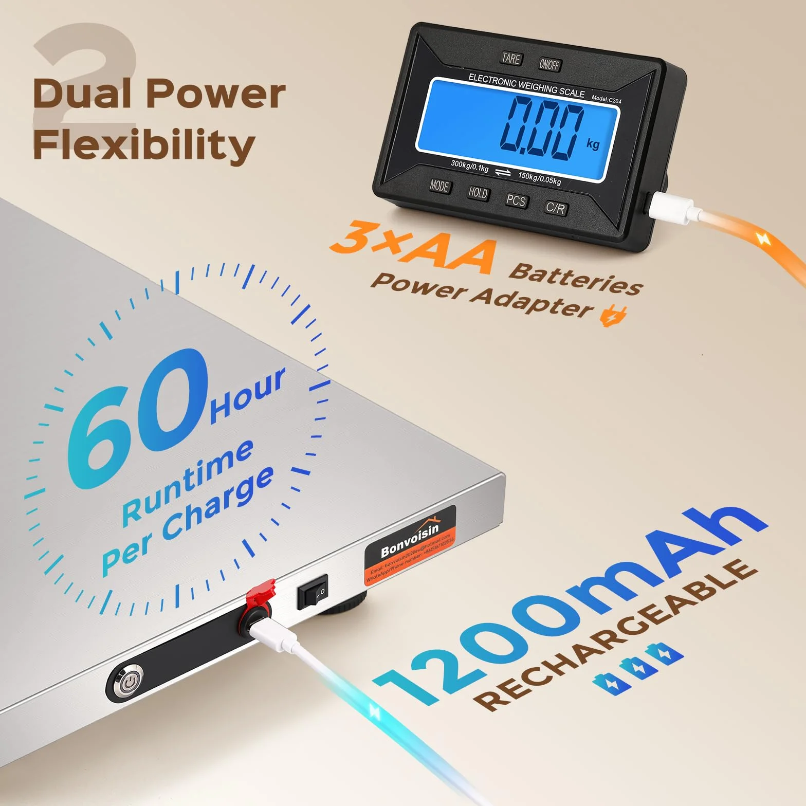 Bonvoisin Báscula para Paquetería Inalámbrica 300kg/660lb, Alcance 10m, Pantalla LCD Separada, Precisión 0,1kg/0,05kg