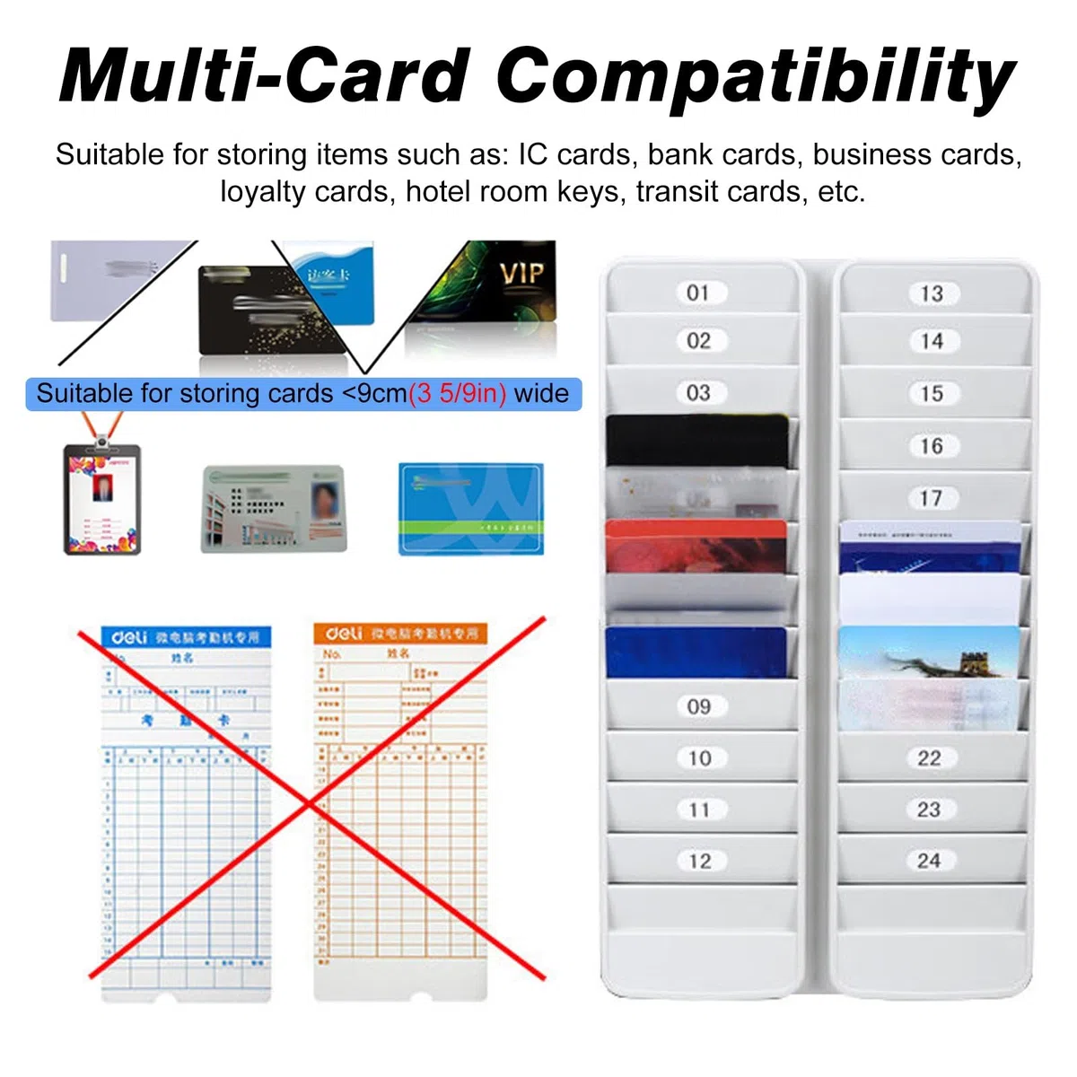 Tarjetero de pared con múltiples bolsillos para organizar tarjetas de identificación e información