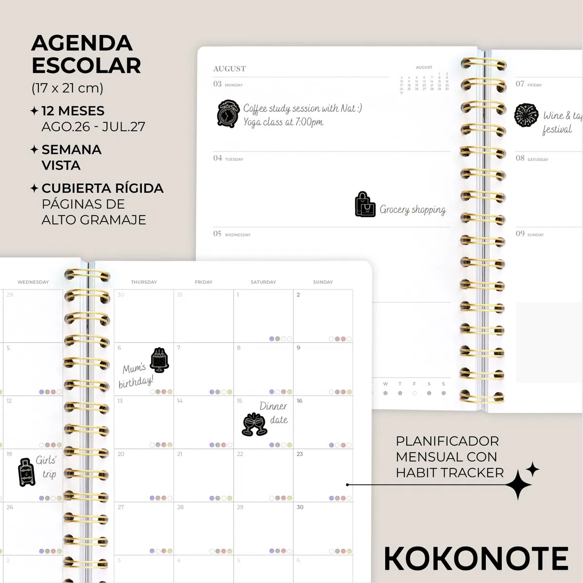 Kokonote Agenda 2026 2027 Semana Vista A5 Caiman - Agenda Escolar Universitaria, Oposiciones o Insituto para mujer | Págs. Alto Gramaje | Con Pegatinas, Planificador Mensual, Anual, de Gastos…
