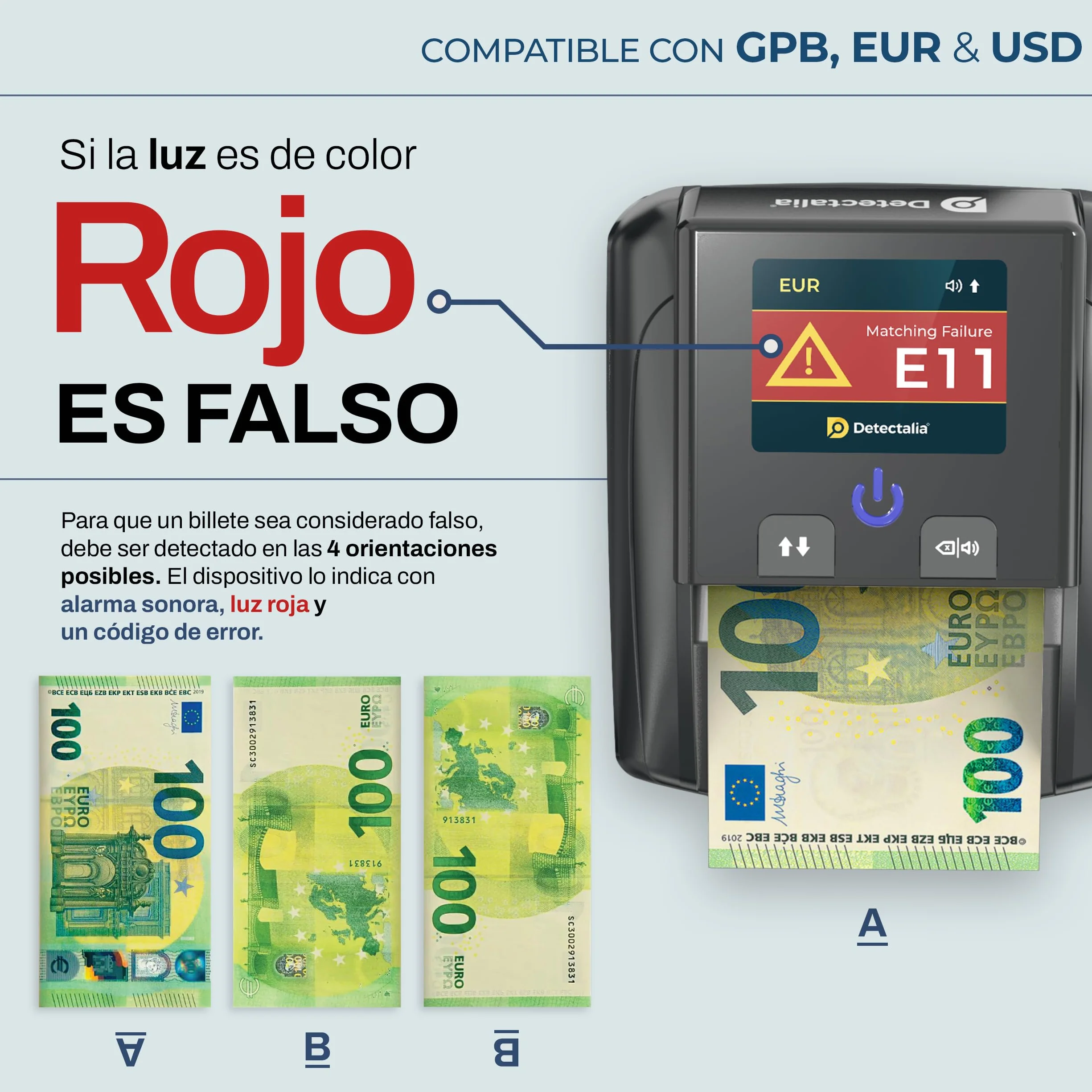 Detectalia D7T+ Detector de Billetes Falsos 5 Sistemas 3 Divisas EUR GBP USD Pantalla TFT