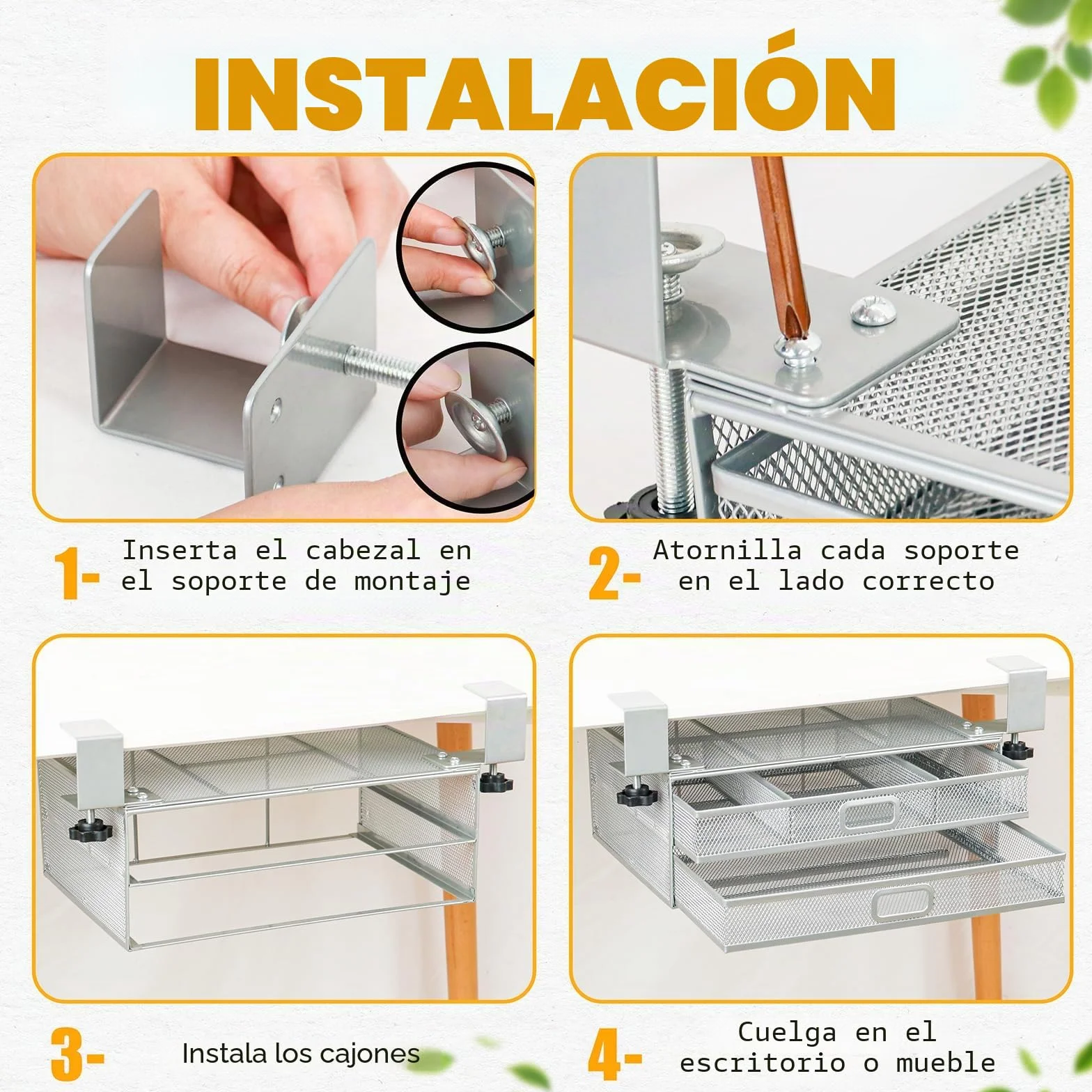 Cajón bajo escritorio reforzado 2 cajones deslizantes A4 Organizador de almacenamiento de metal GRIS