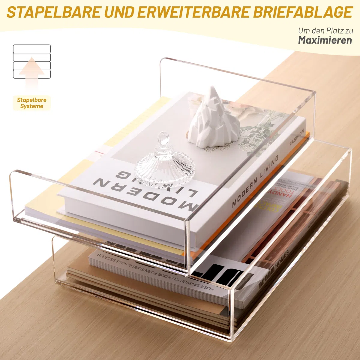 SANRUI 2 bandejas para cartas A4, transparentes, apilables, de acrílico, organizador de escritorio estable para oficina y oficina en casa, moderna bandeja de papel