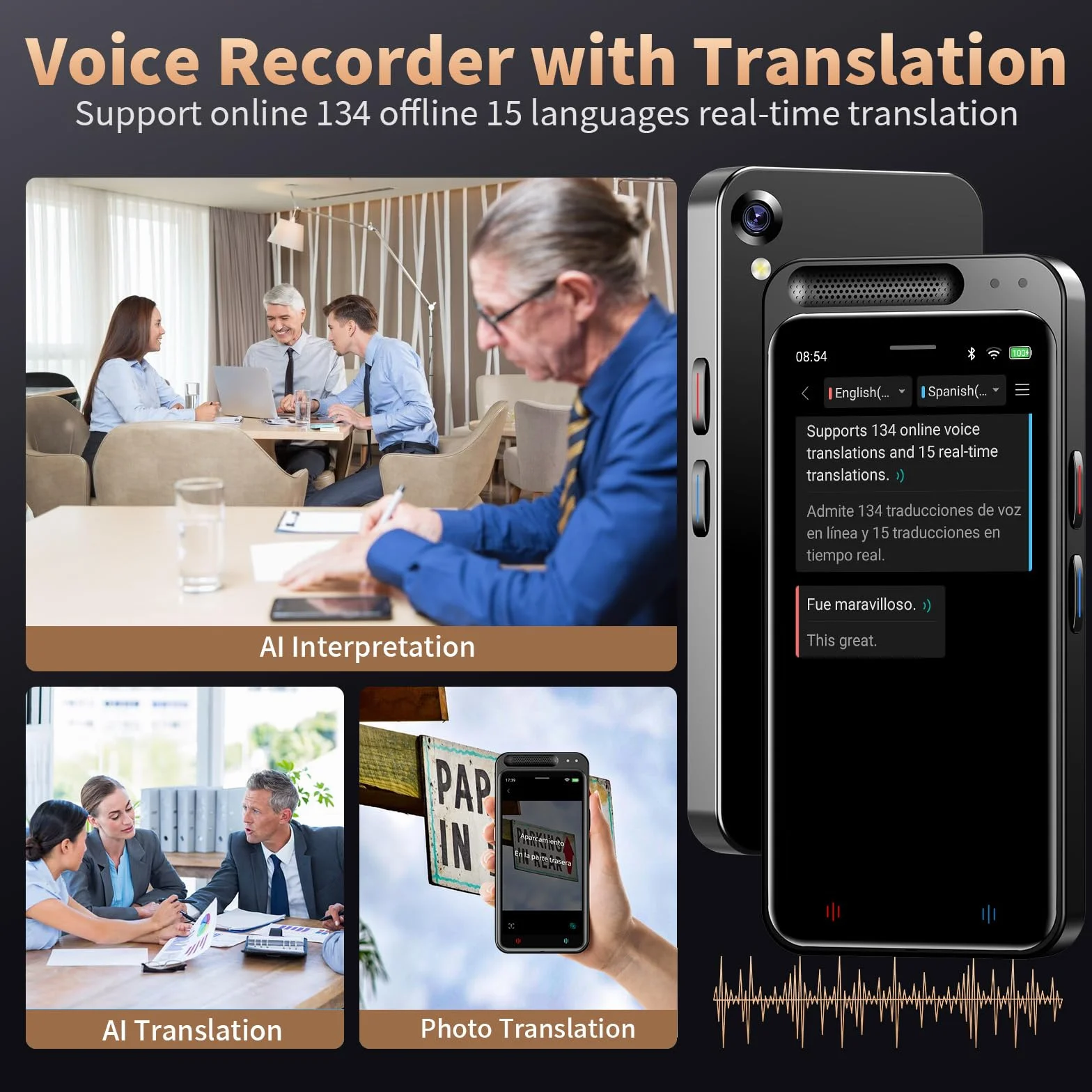 Grabadora de voz digital con función de escritura y resumen, traducción en línea, trabajo de 134 idiomas, grabadora de voz de 80 GB, grabadora de voz AI para conferencias, reuniones
