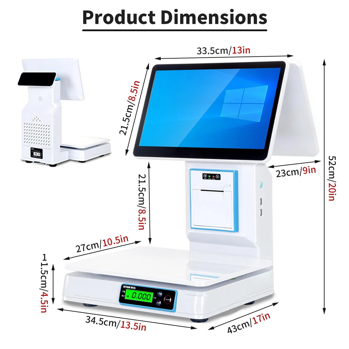 TPV con Báscula, Pantalla Táctil Capacitiva De 15,6", Terminal TPV con Escáner Portátil Y 10 Rollos De Papel, Caja Registradora con Teclado E Impresora. para Restaurantes Singlescreen