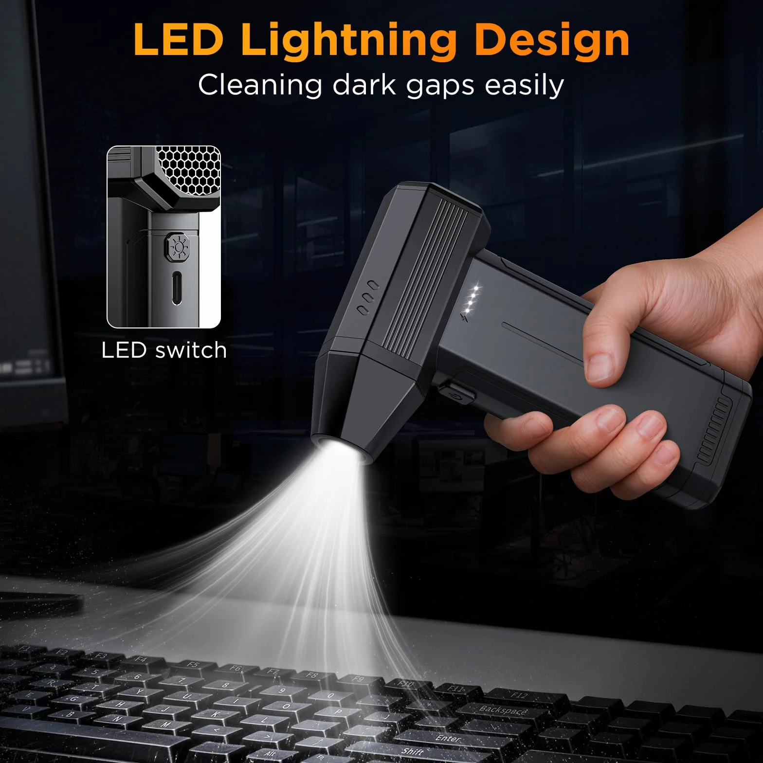 Soplador de Aire Potente 6000 mAh 150000 RPM 3 Velocidades con Luz LED Limpieza PC Portátil Eléctrico