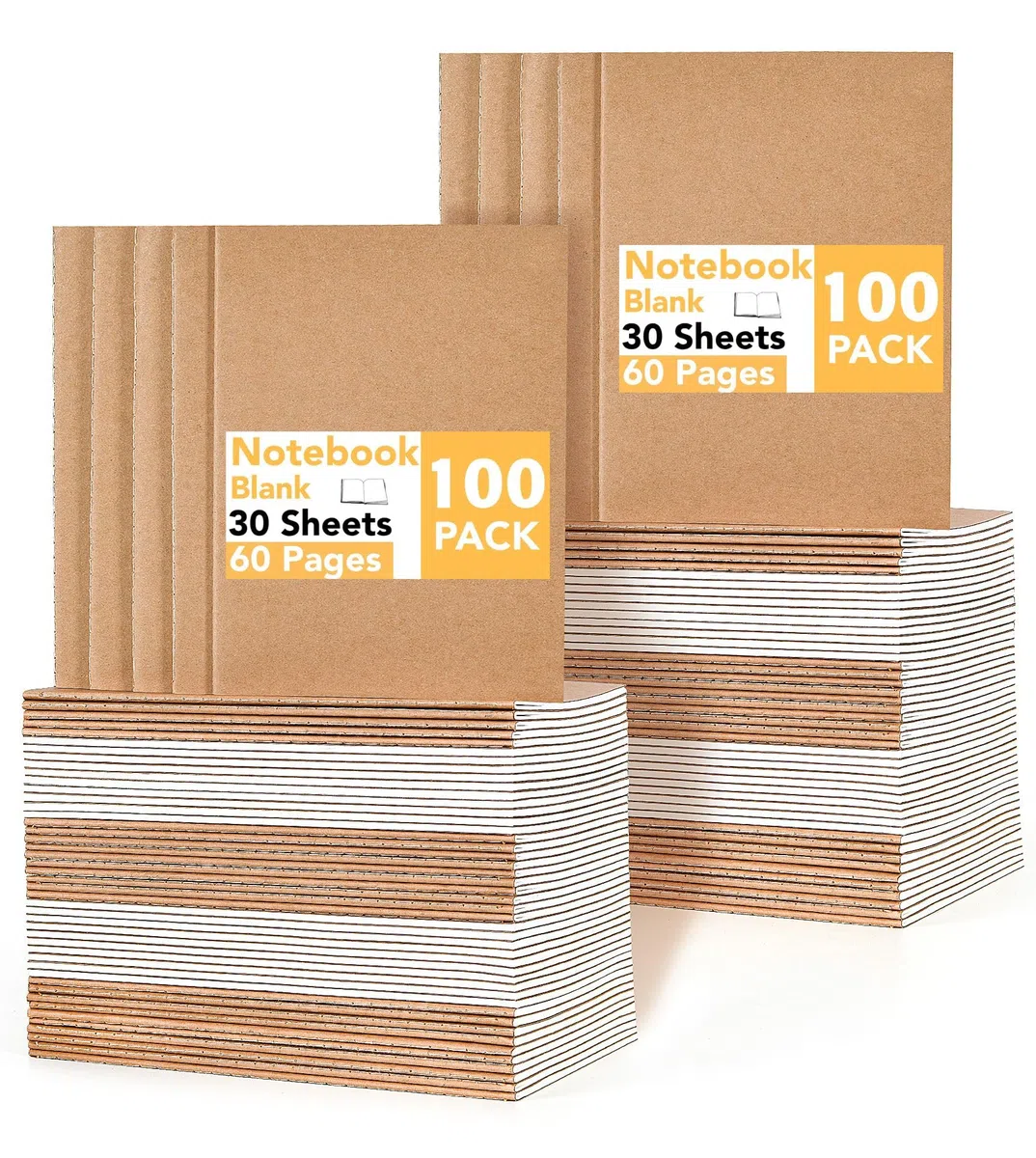 Cuadernos A5 en Blanco Pack de 100, Libretas de Notas 60 Páginas Bloc de Notas Couverture Kraft para Oficina, Escuela, Seminarios & Creativos