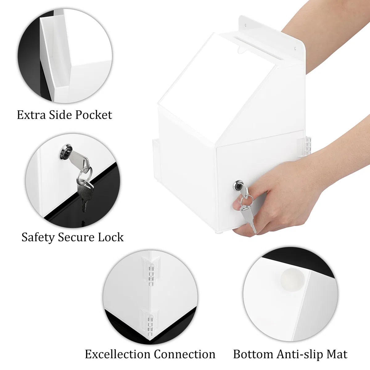 BTSKY Caja de sugerencias de acrílico con cerradura, caja de donación acrílica montada en la pared con ranura para letreros de 5 x 7 pulgadas, urnas de oficina con bolsillo lateral, cajas de colección