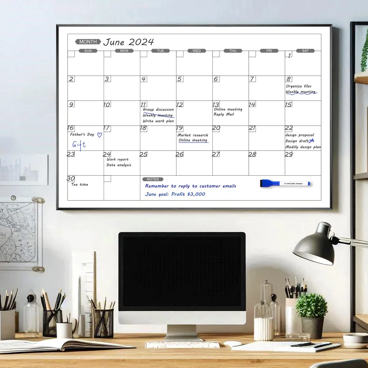 ARCOBIS Calendario de borrado en seco para pared, pizarra blanca magnética mensual de 36 x 24 pulgadas, borrado en seco, planificador de pizarra blanca colgante para escuela, hogar, oficina, marco