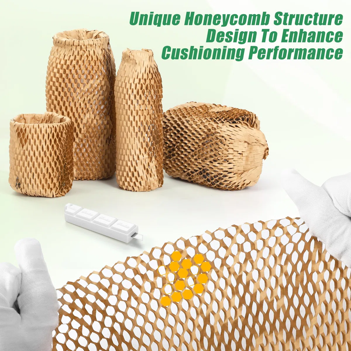 Papel de embalaje ecológico de panal de abeja de 12 x 300 pies (certificado FSC) + 40 calcomanías y cortador de seguridad, alternativa reciclable de envoltura de burbujas para mudanzas, correos