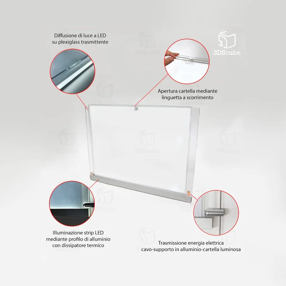Expositor con cables luminosos de una cara para escaparate, Evo LED KIT 1 x 3 con carpetas luminosas de metacrilato formato A4 horizontal, porta anuncios para agencias inmobiliarias, estudios