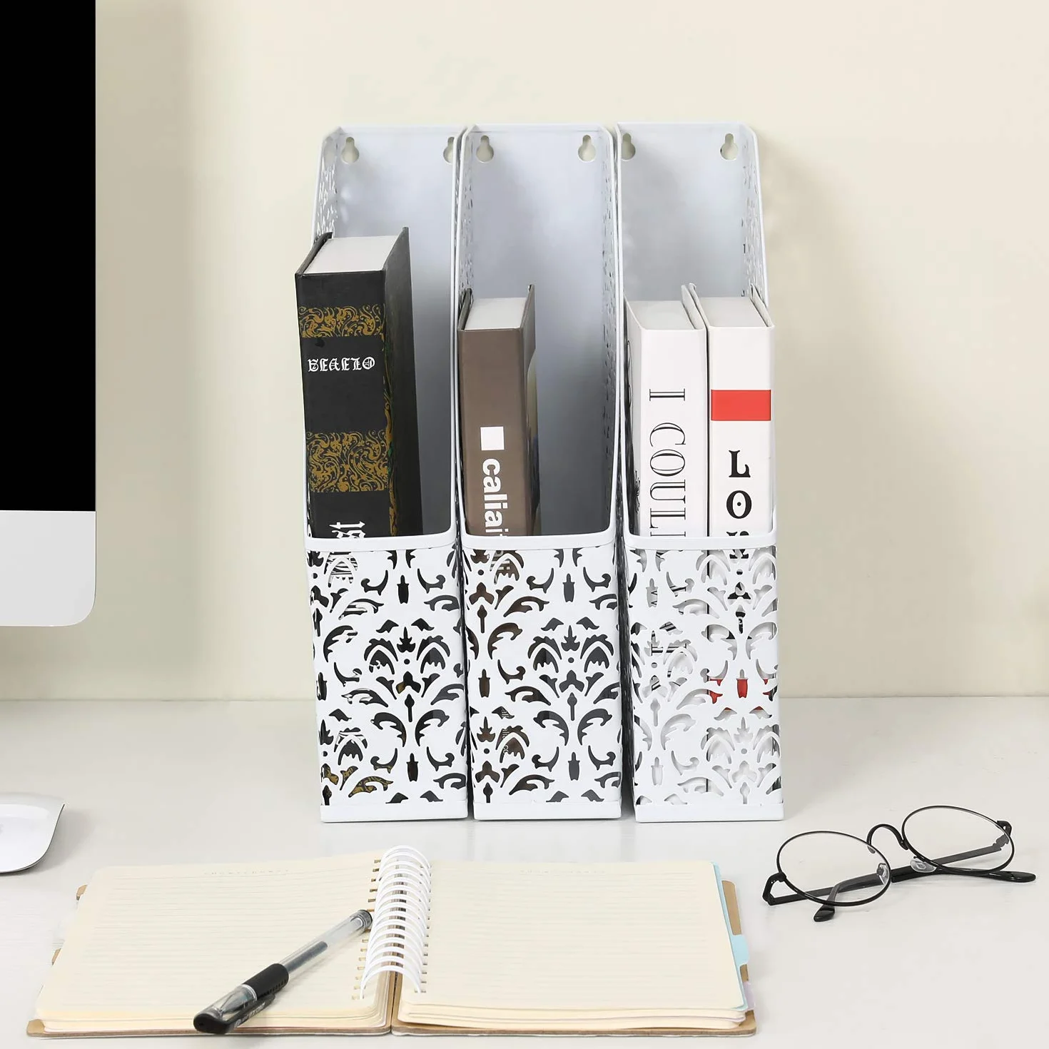 EasyPAG Paquete de 3 Metal Vertical Estante Revistero A4 Organizador Documentos Soporte Archivos Clasificador Papeles Almacenamiento Escritorio Bandeja Oficina,Blanco