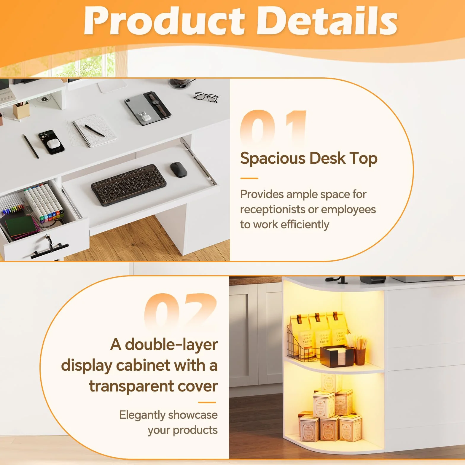Mostrador de Recepción con LED, 120x102.5x48cm, Mostradores Recepcion Forma L con Cajón para Teclado | Cajón | Armario, Mostradores para Tiendas Escritorio de Recepción Moderno para Oficina, Salón