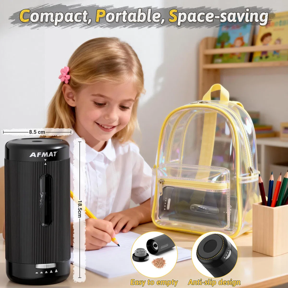 AFMAT Sacapuntas eléctrico totalmente automático, entrada y salida automática, sacapuntas recargables, manos libres, totalmente automáticos, para lápices de colores y jumbo, 6,5-12 mm, portátil para