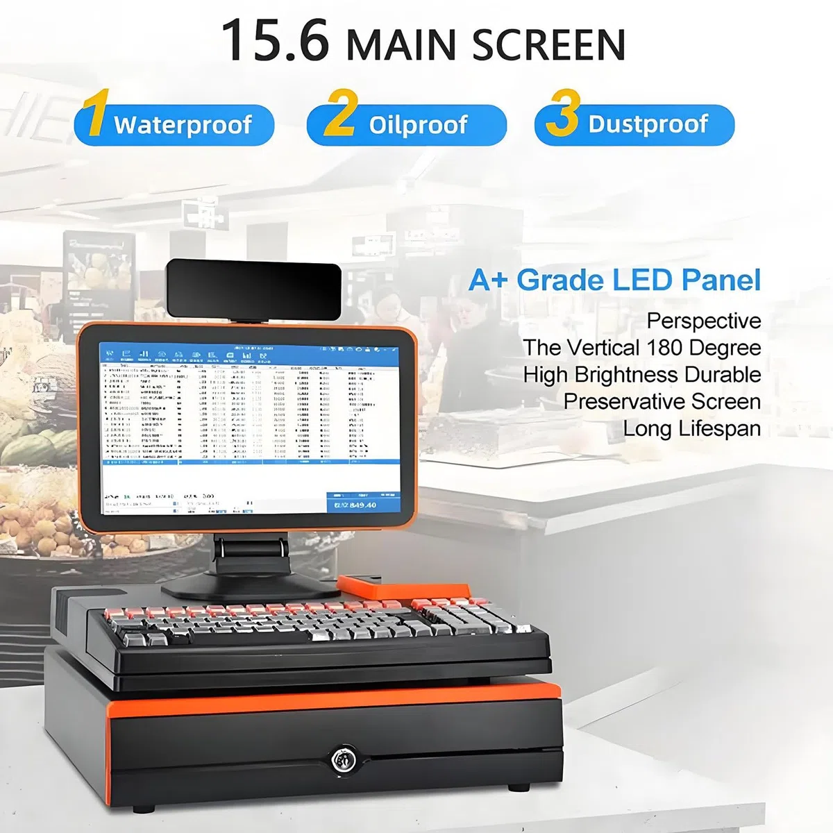 Terminal de punto de venta electrónico con caja registradora, pantalla táctil LED de 15,6", teclado de 101 teclas, escáner portátil, impresora térmica de 58 mm y cajón de efectivo Blue-SingleScreen