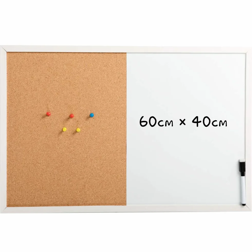 DOEWORKS 60 x 40cm Pizarra Mixta Pizarra Magnética Blanca & Tablón de Corcho, Tablero Combinado para Colgar, Tablero de Anuncios con Marco de Madera Blanco