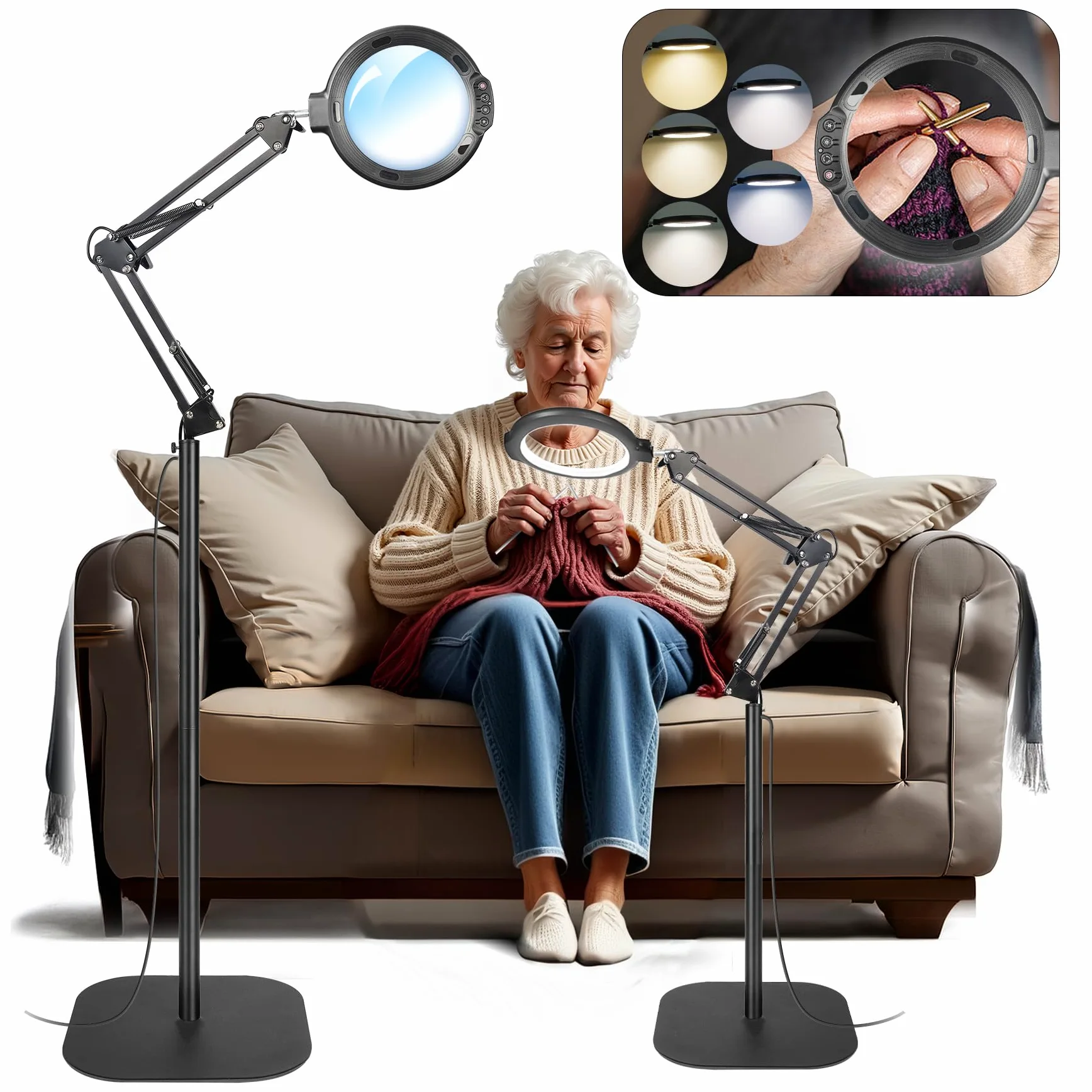 Lupa de suelo con luz y soporte, 12 lupas flexibles con 54 LED, 5 modos de color regulable sin niveles, con manos libres, lupa iluminada para leer, coser, manualidades, trabajo fino