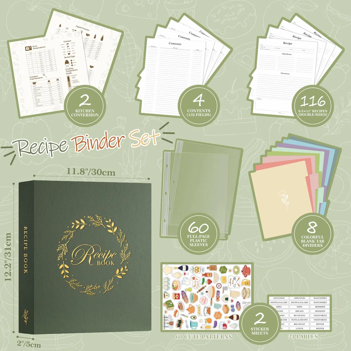 Lanpn Carpeta de Anillas para Recetas, Recetario de 3 Anillas con 8 Fundas, Recipe Journal Book Binder, Libro Recetas Cuaderno Recetas en Blanco, Recetario de Cocina para Escribir, Verde, Inglés