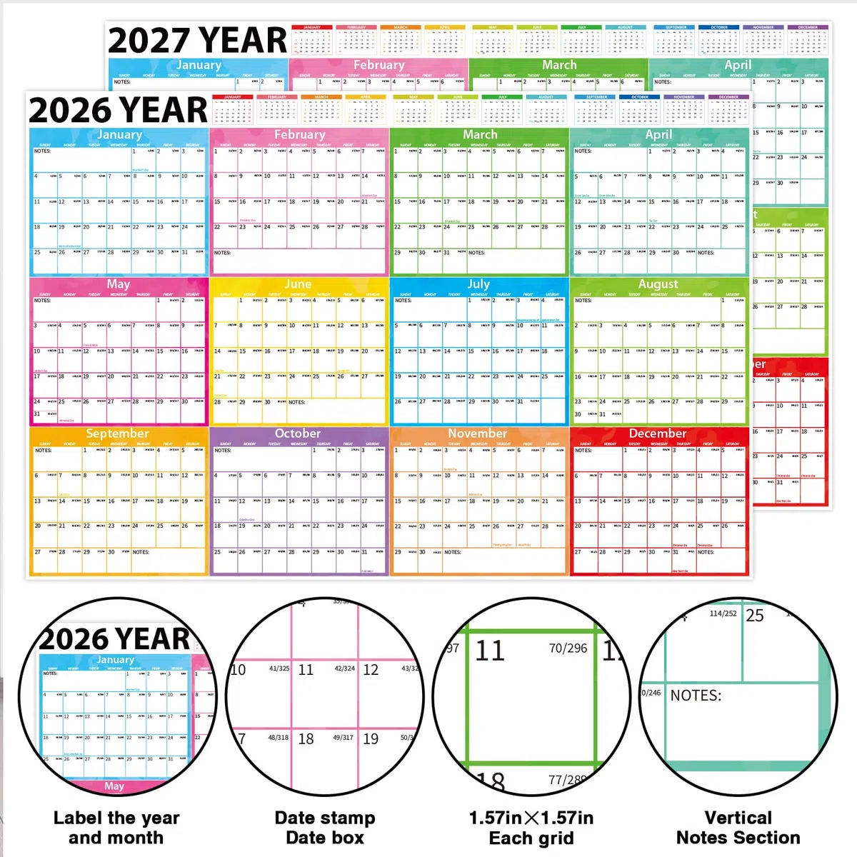 Calendario anual de pared 2026-2027 de 48 x 32 pulgadas, planificador anual de pared grande laminado borrable, borrado en húmedo y seco, calendario anual de 24 meses para oficina, escuela