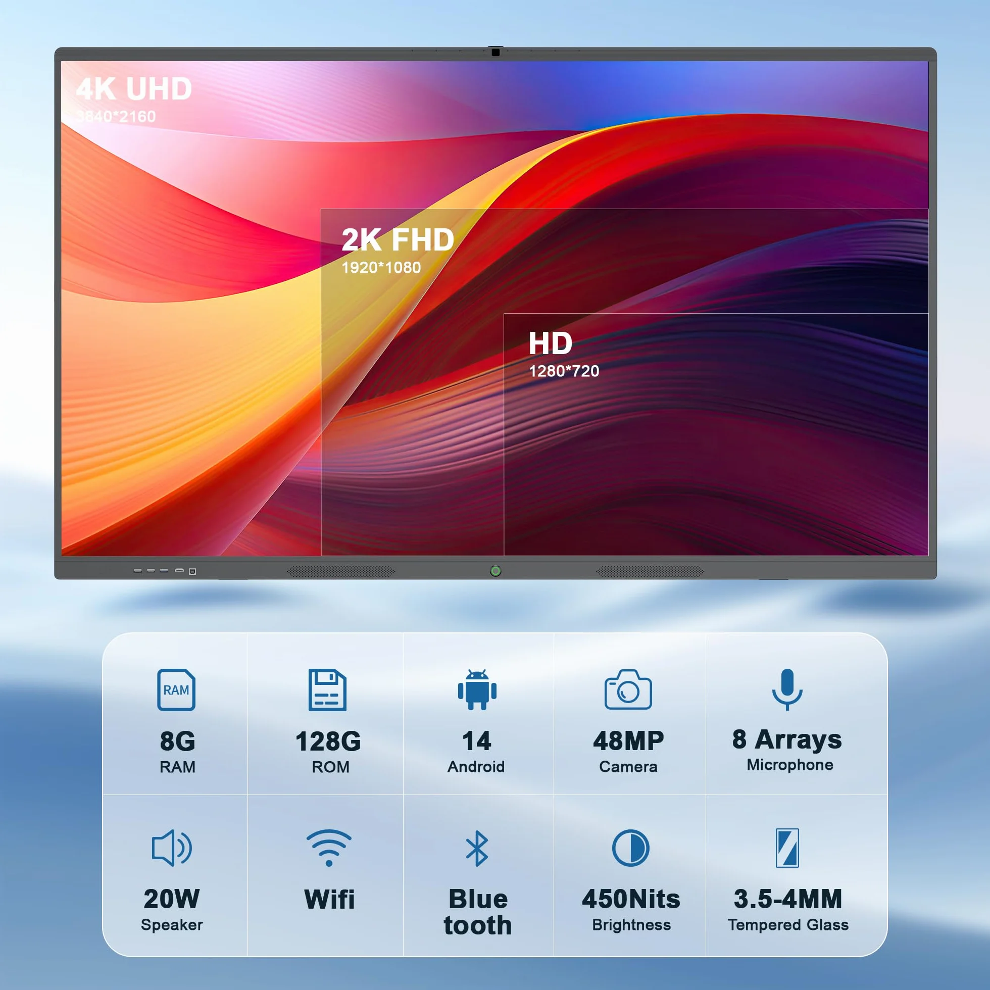 75" Pizarra Inteligente 4K UHD, Pantalla Táctil con Cámara y Micro Integrados, Android OS, 8+128GB, Soporte WiFi/Bluetooth/HDMI/USB, Monitor Interactivo para Oficina/Escuela/Teletrabajo