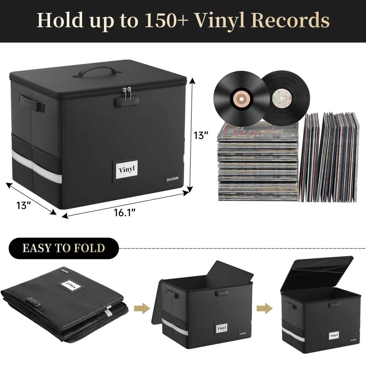 DocSafe Caja de almacenamiento de discos de vinilo ignífuga con cerradura, organizador de discos grande para más de 150 discos individuales, caja de almacenamiento plegable con tapa y asas para una