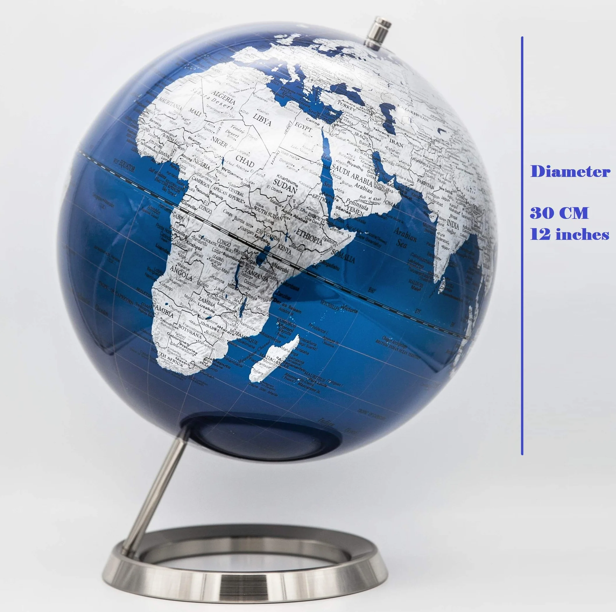 EXERZ 30CM Globo En Azul Plateado con una base de acero inoxidable - en Inglés - Empaquetado En Caja Kraft De Primera Calidad, Ideal como Regalo - Azúl metálico