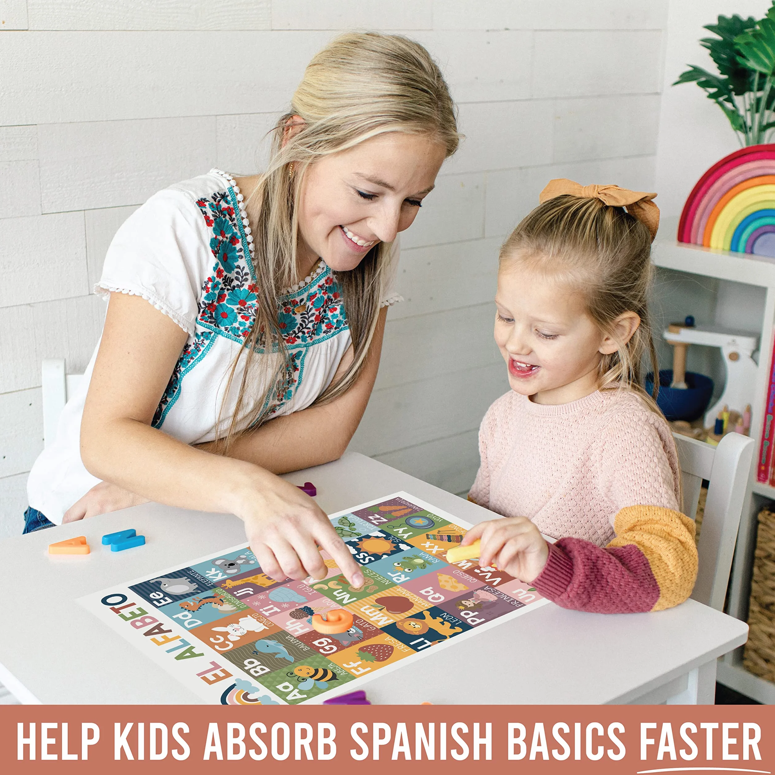 Hadley Designs Decoraciones de aula española: 12 pósteres españoles para el aula primaria, Abecedario para niños en español, pósteres educativos bilingües laminados bohemios de 11 x 17 pulgadas