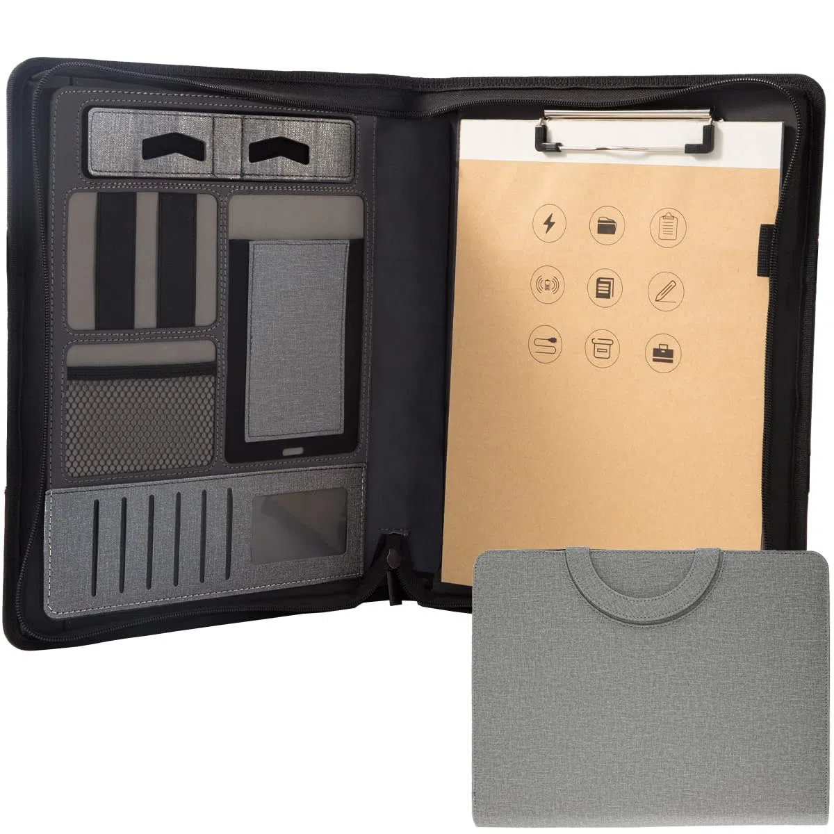 Portafolio de cuero con [cremallera] [asa] [carpeta de 4 anillos] y [portapapeles), organizador de conferencias de negocios para mujeres/hombres (Gris claro, Without Calculator)