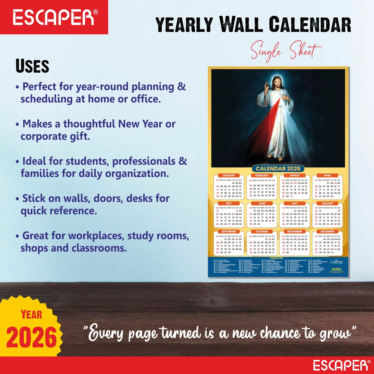 ESCAPER Calendario de pared de Jesús 2026, calendario cristiano laminado de 12 x 18 pulgadas, día festivo indio, decoración religiosa de Isa Masih para el hogar y la oficina
