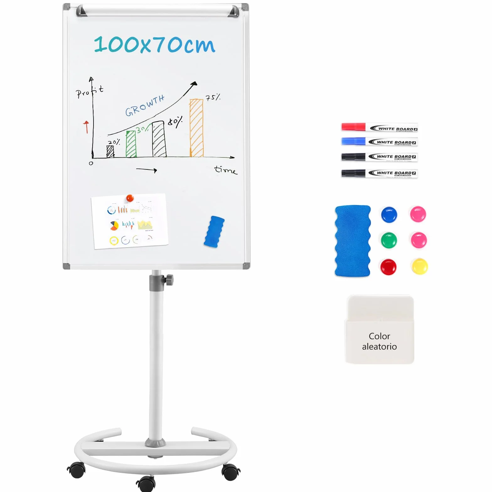 S SWANCROWN Pizarra Blanca Magnética Móvil 100x70cm, Pizarra Magnetica con Ruedas,Altura Ajustable, Pizarra Blanca con Soporte para Oficinas,Enseñanza