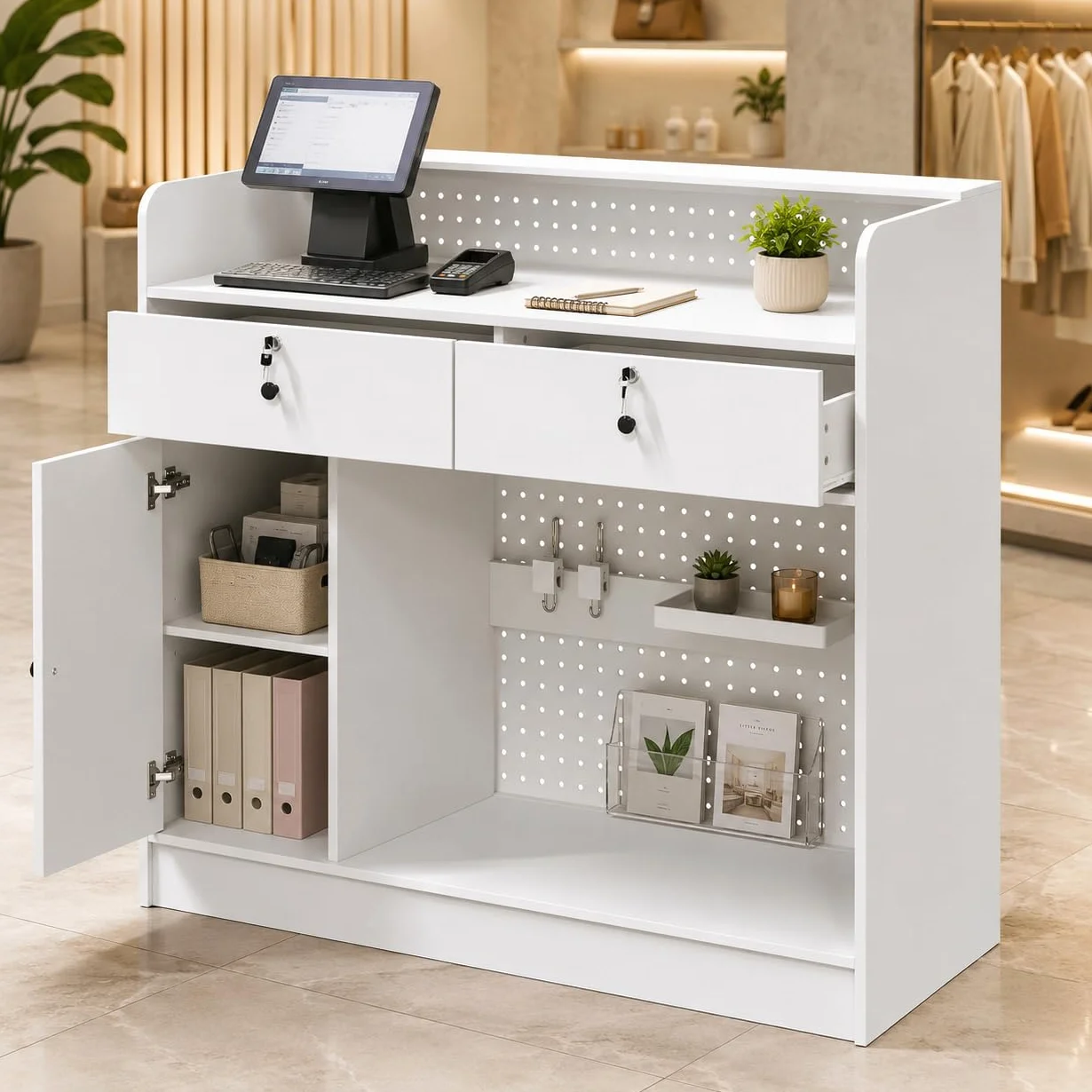 Mostrador de Recepción Blanco 120cm con Panel Perforado, Caja Registradora, 3 Estantes Ajustables, 2 Cajones con Llave, Puerta y Almacenaje, 120×110×50cm
