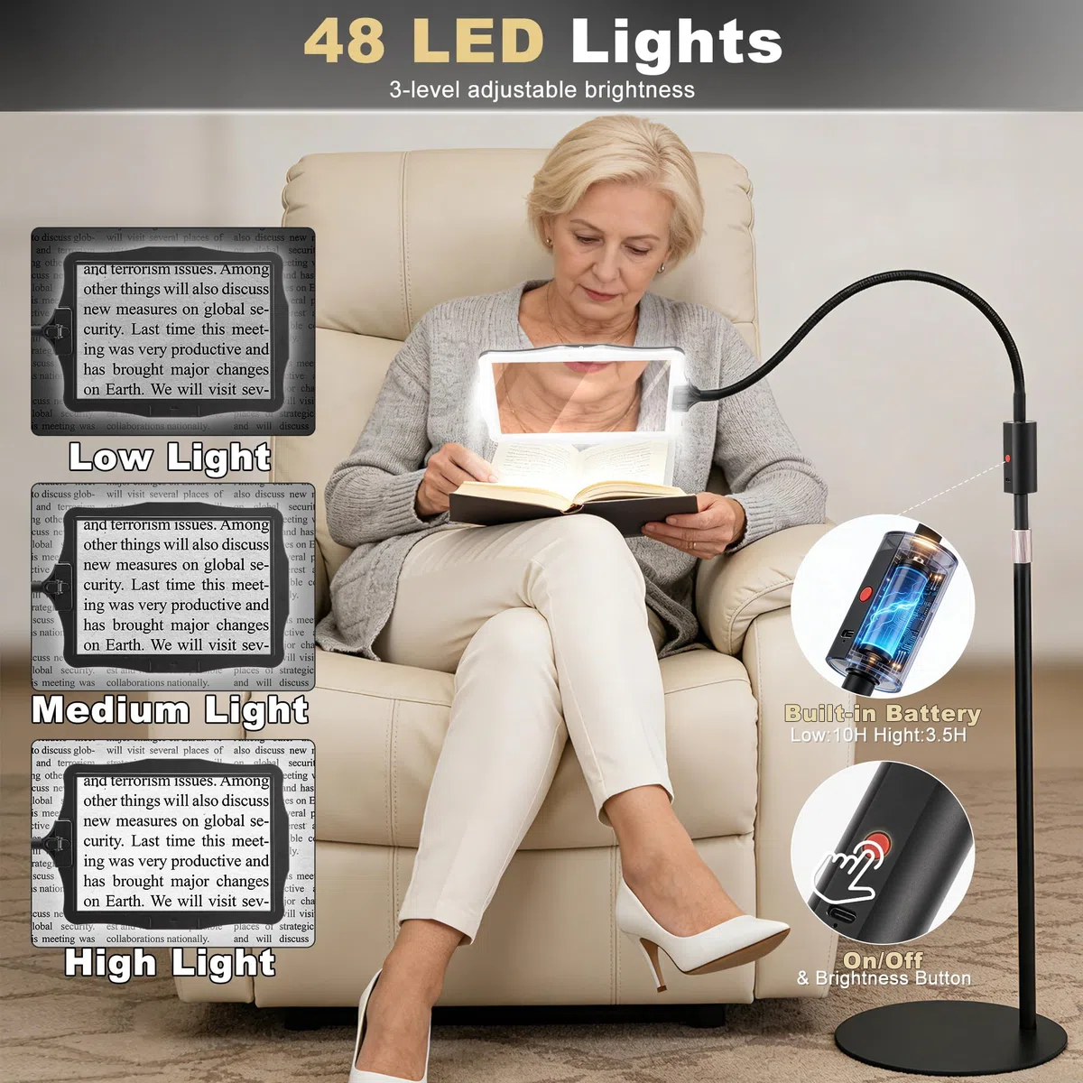 Lupa de pie 5X con luz, lámpara de aumento rectangular con luz y soporte, 45 LED, lámpara de escritorio de 3 niveles de brillo, pasatiempos de personas mayores para leer, manualidades, costura