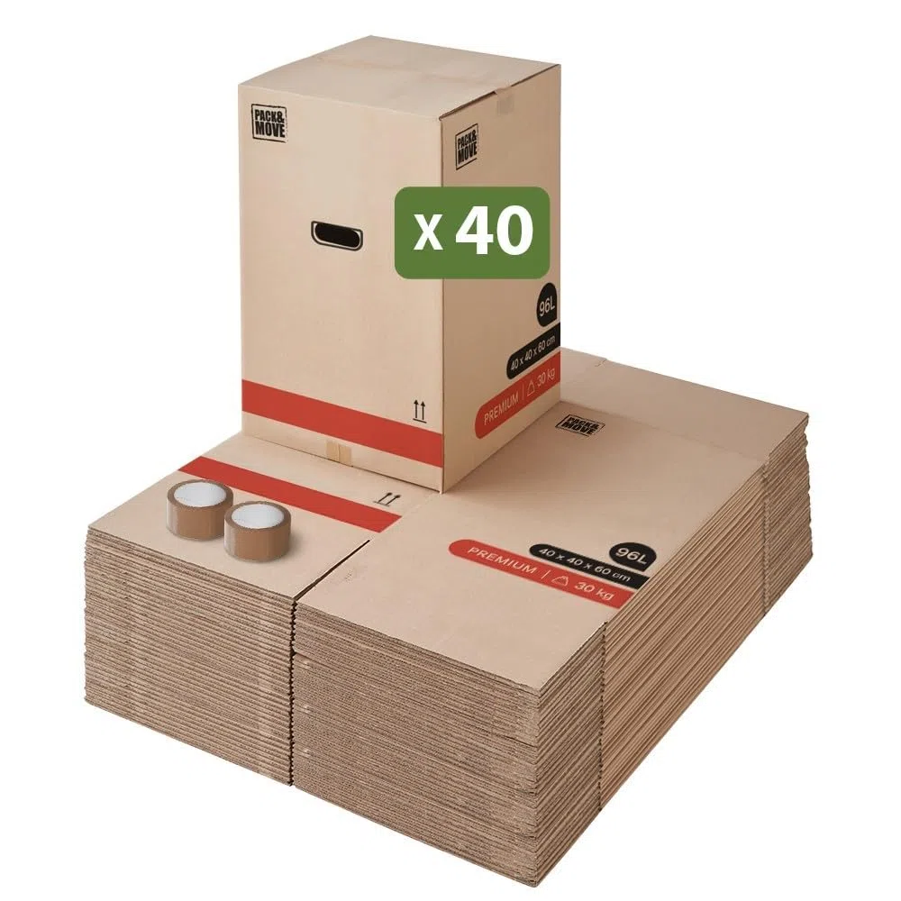 Pack And Move – Lote de 40 cajas de mudanza premium – 40 x 40 x 60 cm – Extrema resistencia 25 kg – Reutilizables – Doble grosor – Asas reforzadas – 2 adhesivos disponibles