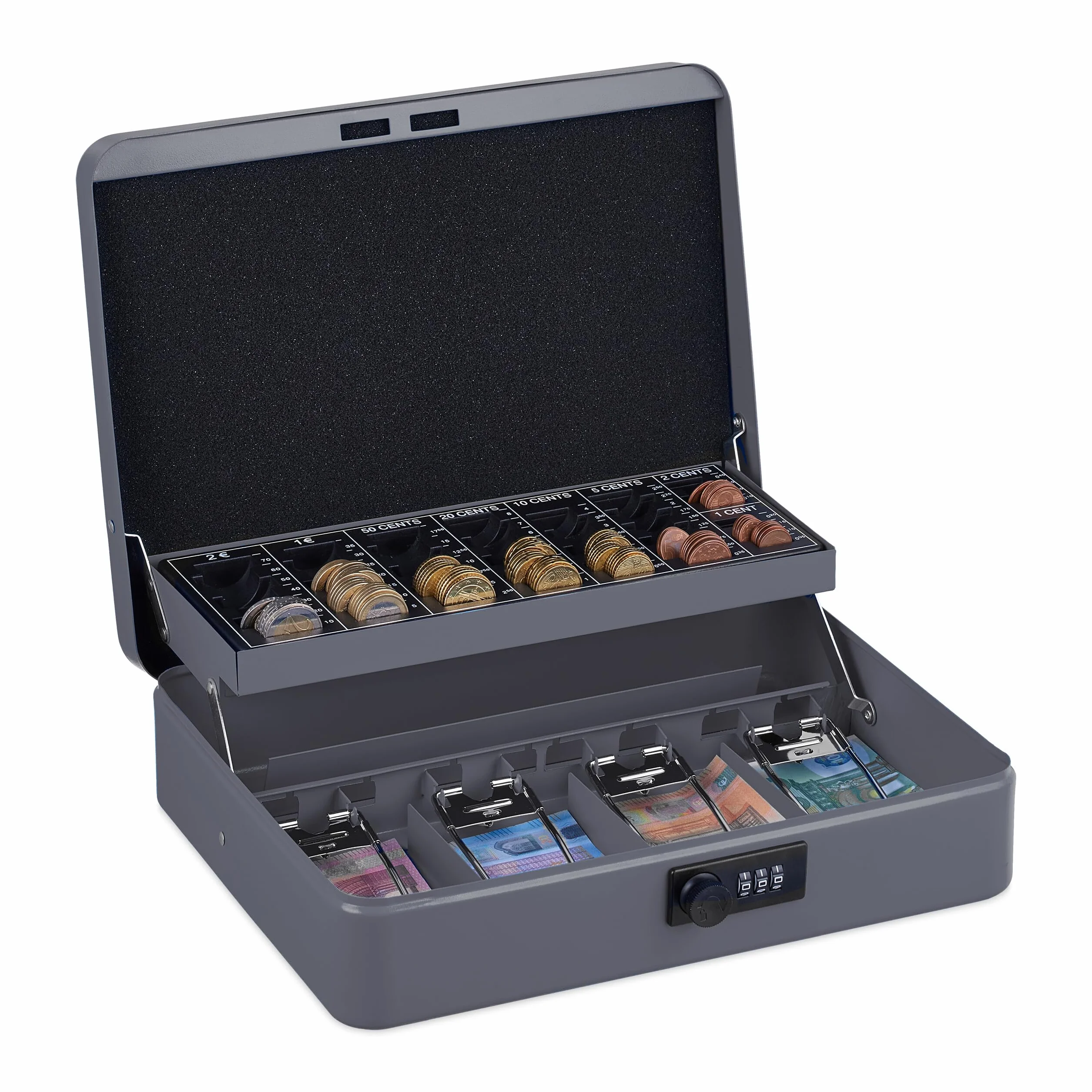 Relaxdays Caja Dinero, Combinación 3 Números, Bandeja para Monedas, Cajita Hierro, 8,5 x 30,5 x 25 cm, Gris, Acero