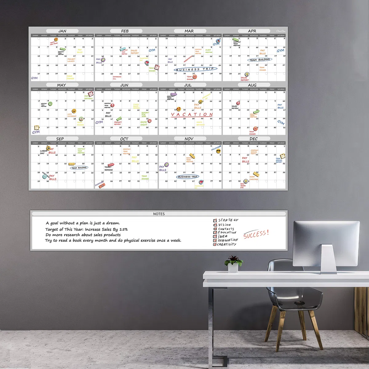 Calendario de pared grande de borrado en seco, 48 x 60 pulgadas, planificador anual sin fecha 2024 para el hogar, oficina, proyectos escolares, organizador de tareas laminado borrable jumbo