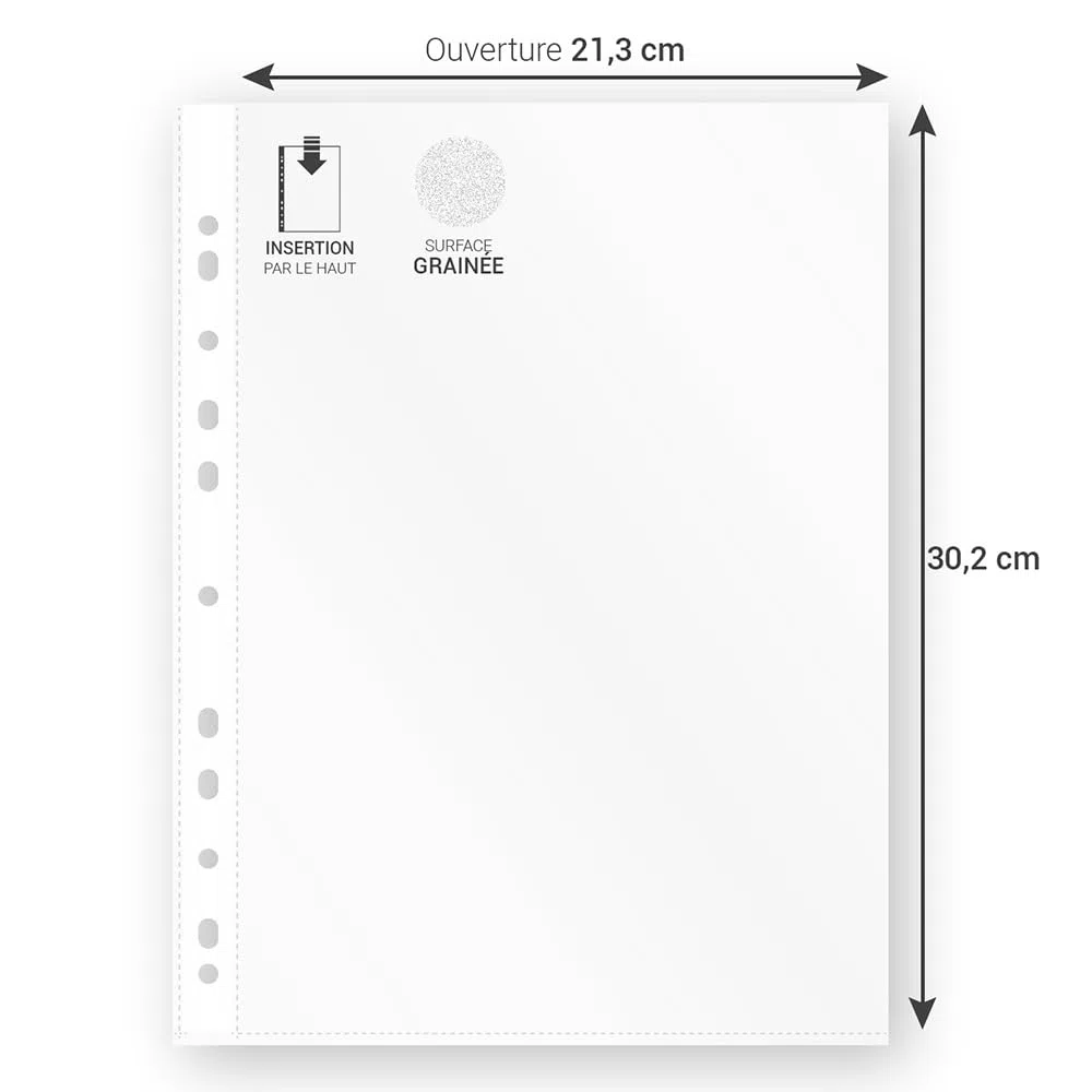 Lote de 1000 fundas de plástico para archivador A4-50 micras, fundas perforadas transparentes granuladas, antirreflectantes, 11 agujeros, capacidad de 20 hojas